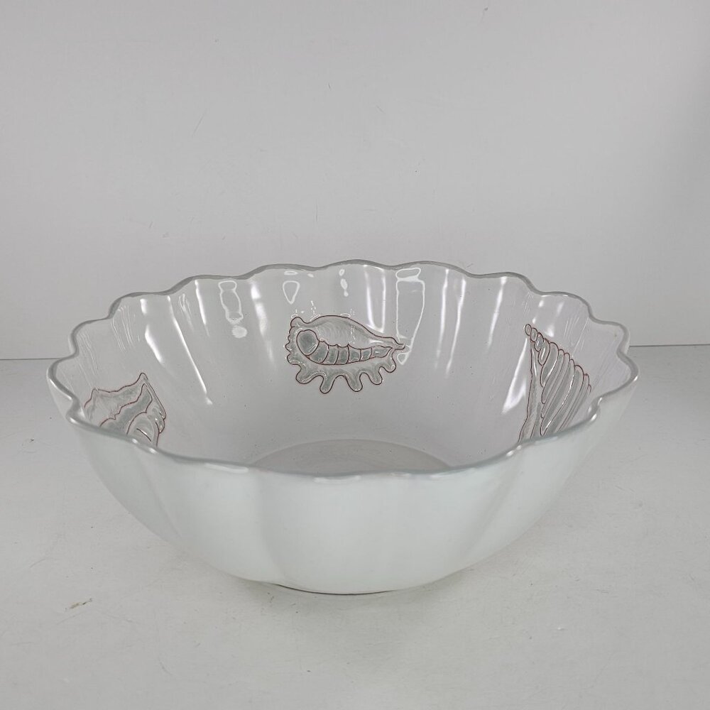 1970s Italian Majolica Palm Beach Style Seashell Embossed Serving Bowl Scalloped - Picture 3 of 8